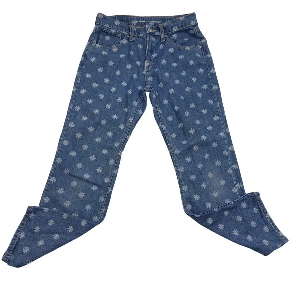Old Navy High-Rise Slouchy Straight Daisy Print Jeans Girl's Size 14